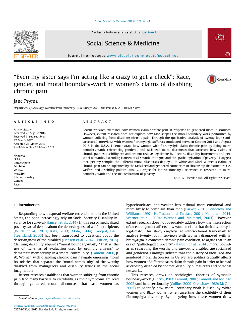 “Even my sister says I'm acting like a crazy to get a check”: Race, gender, and moral boundary-work in women's claims of disabling chronic pain