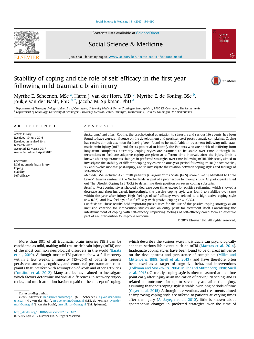 Stability of coping and the role of self-efficacy in the first year following mild traumatic brain injury