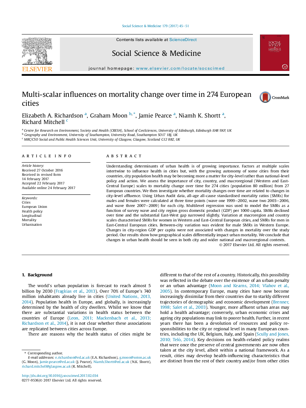 Multi-scalar influences on mortality change over time in 274 European cities