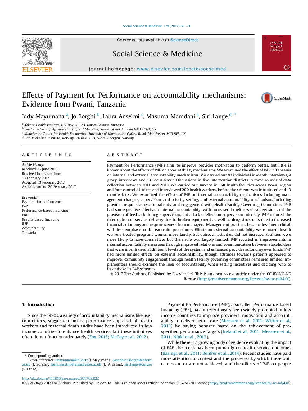 Effects of Payment for Performance on accountability mechanisms: Evidence from Pwani, Tanzania