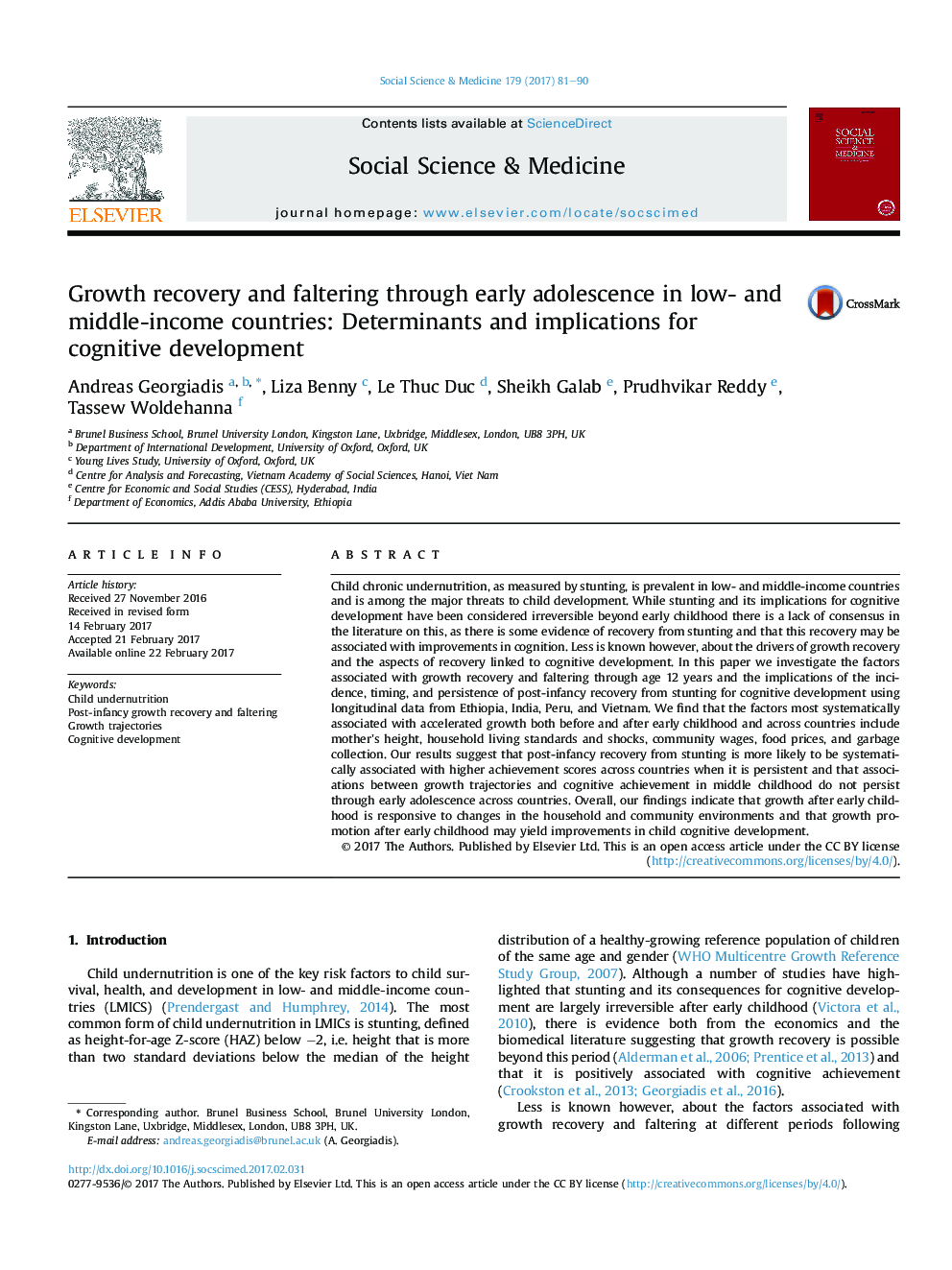 Growth recovery and faltering through early adolescence in low- and middle-income countries: Determinants and implications for cognitive development