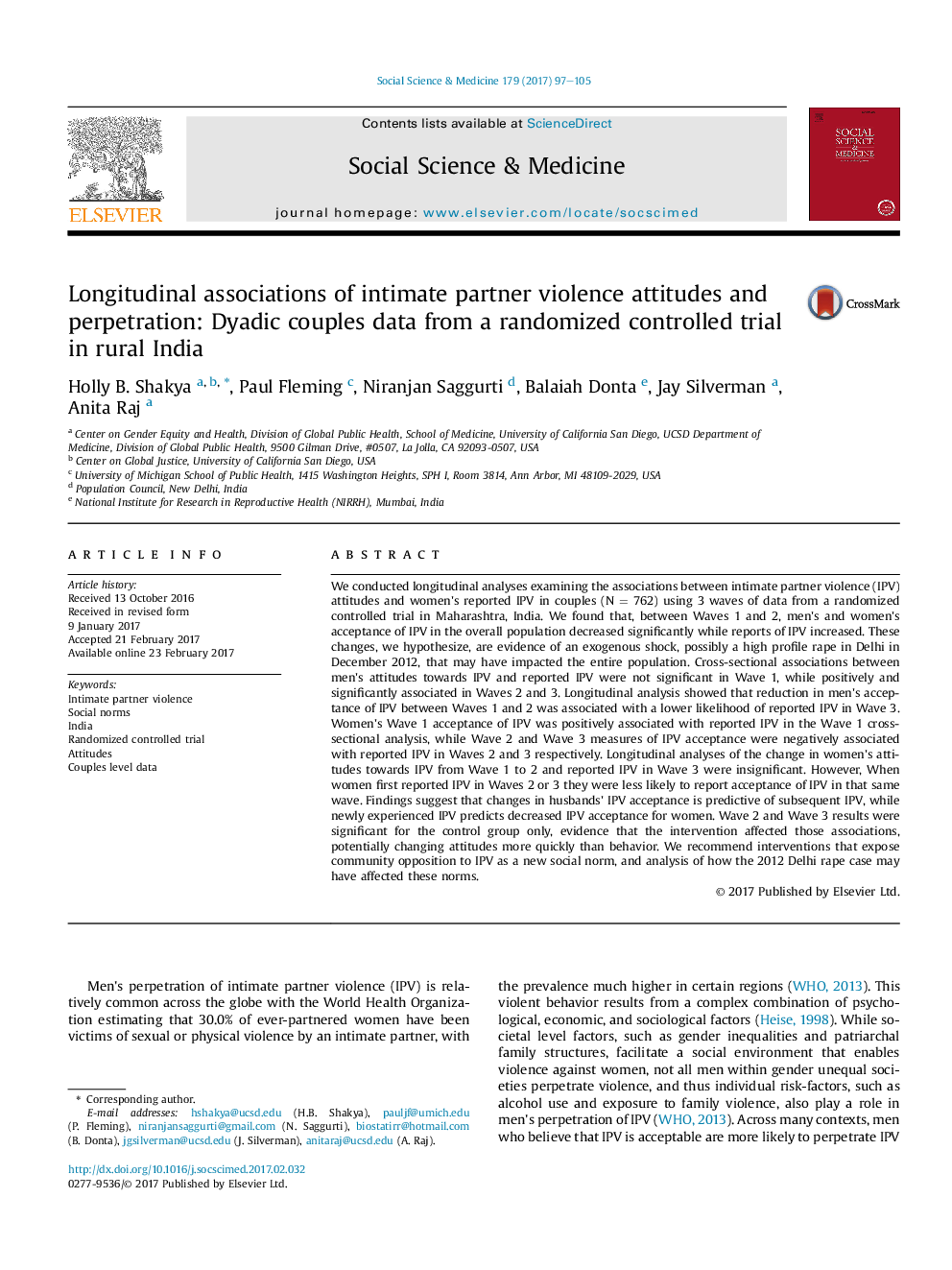 Longitudinal associations of intimate partner violence attitudes and perpetration: Dyadic couples data from a randomized controlled trial in rural India