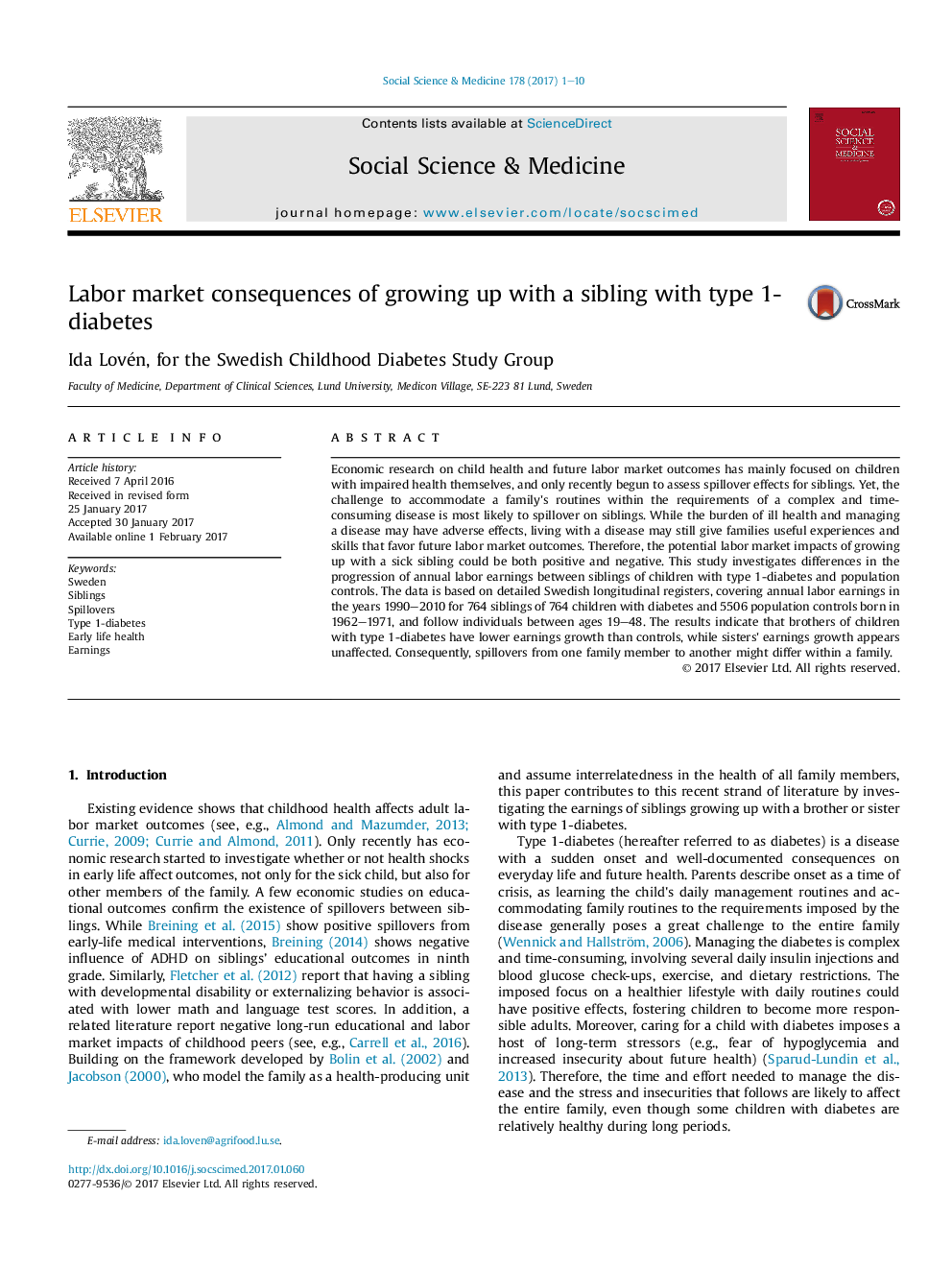 Labor market consequences of growing up with a sibling with type 1-diabetes