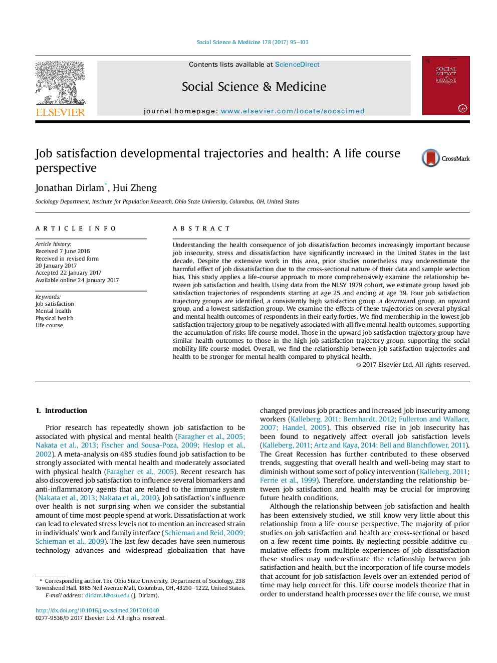 Job satisfaction developmental trajectories and health: A life course perspective