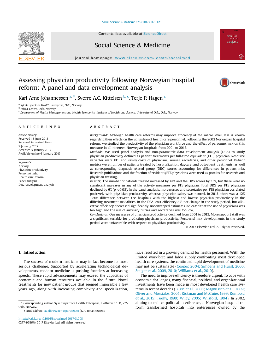 Assessing physician productivity following Norwegian hospital reform: A panel and data envelopment analysis