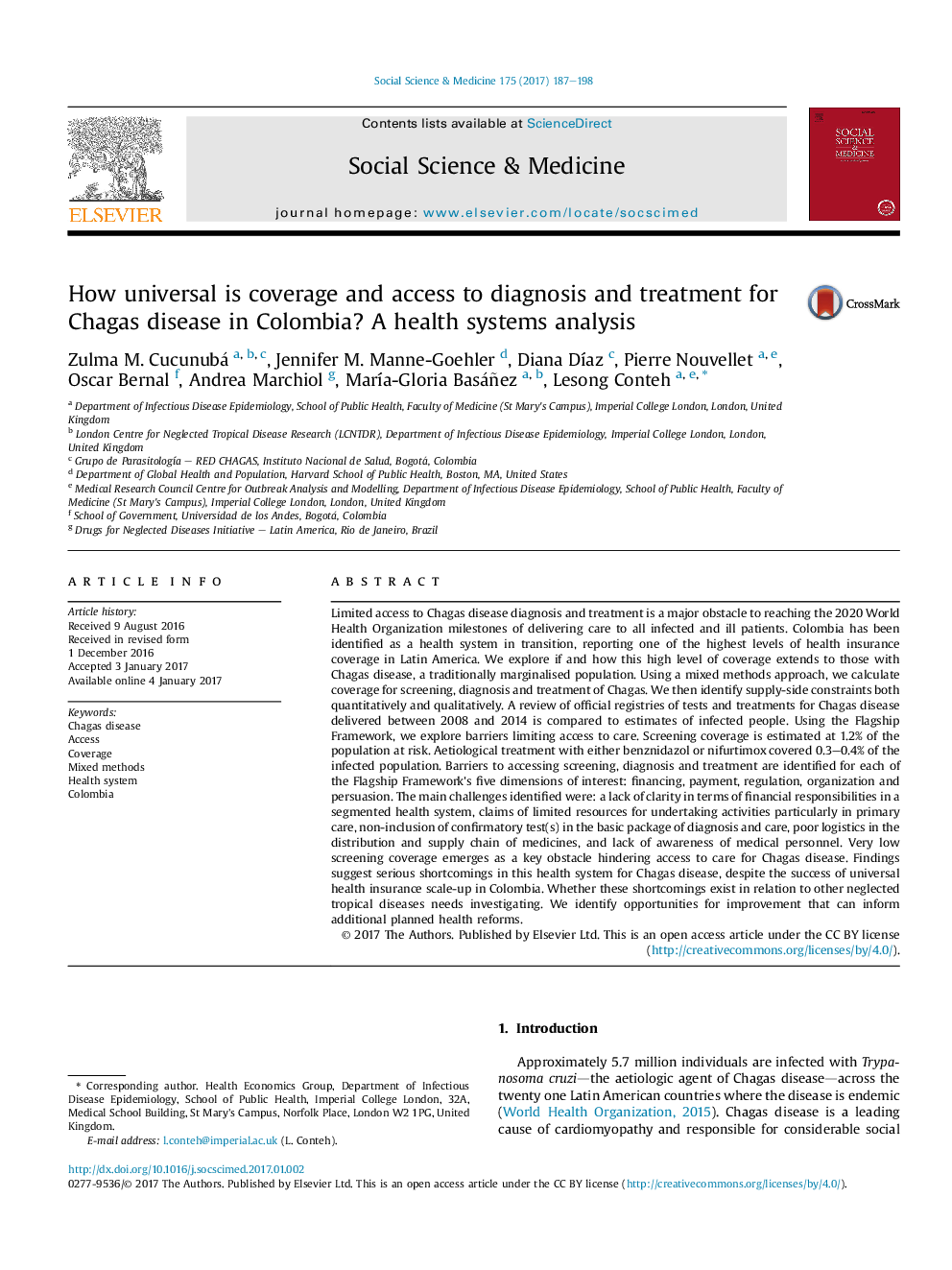 How universal is coverage and access to diagnosis and treatment for Chagas disease in Colombia? A health systems analysis