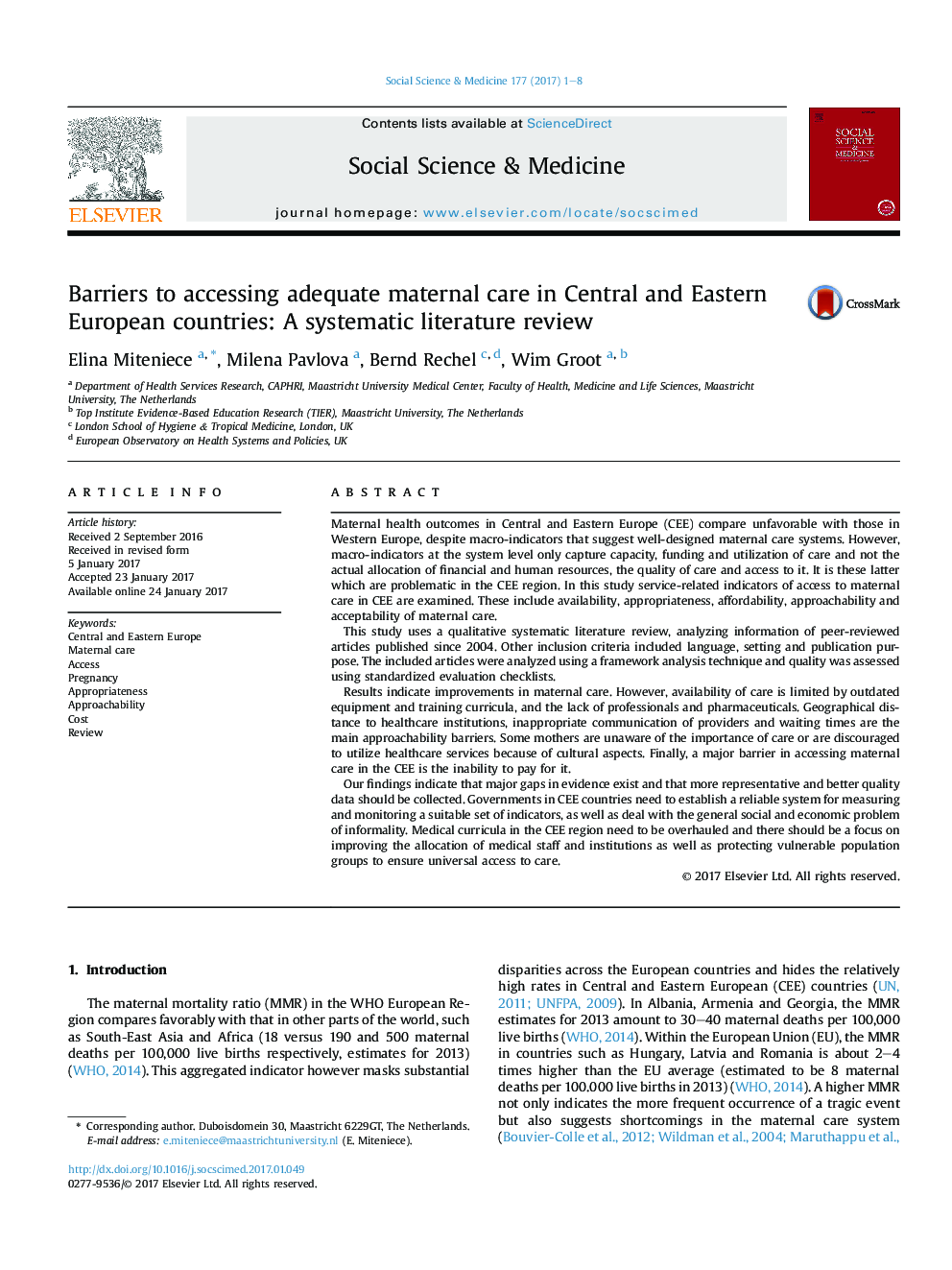 Barriers to accessing adequate maternal care in Central and Eastern European countries: A systematic literature review