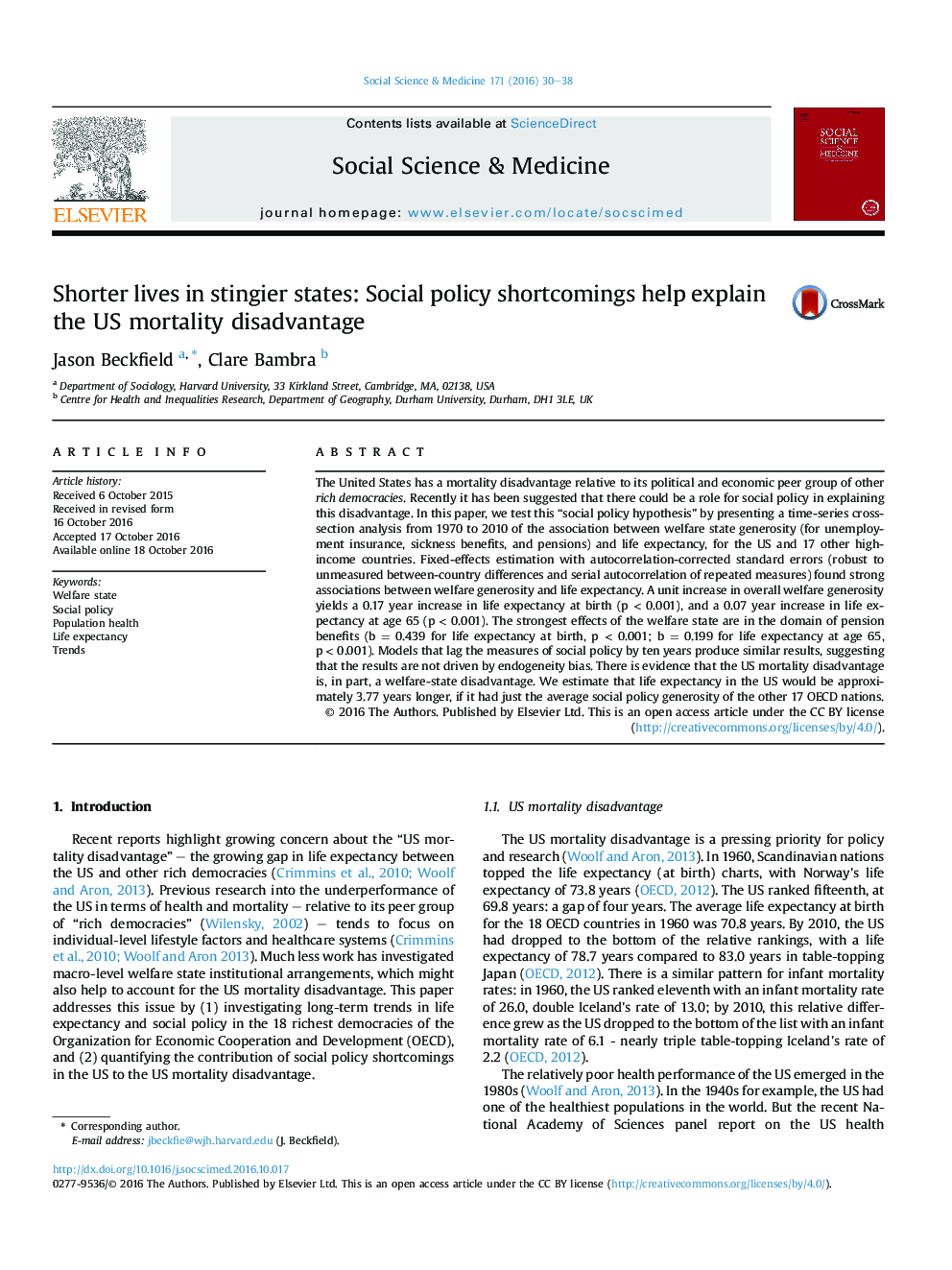 Shorter lives in stingier states: Social policy shortcomings help explain the US mortality disadvantage