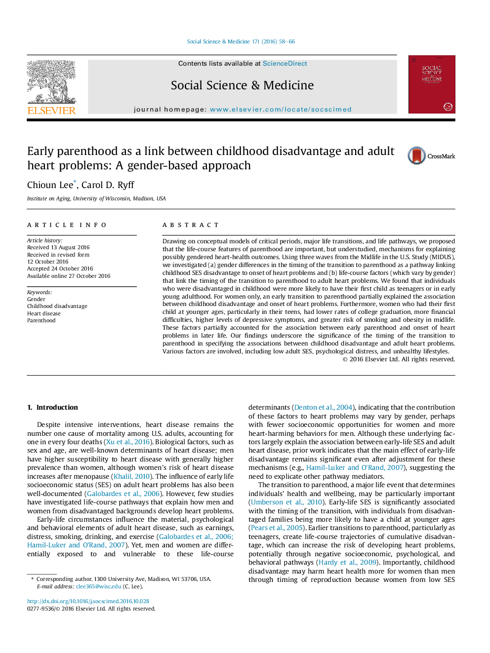 Early parenthood as a link between childhood disadvantage and adult heart problems: A gender-based approach