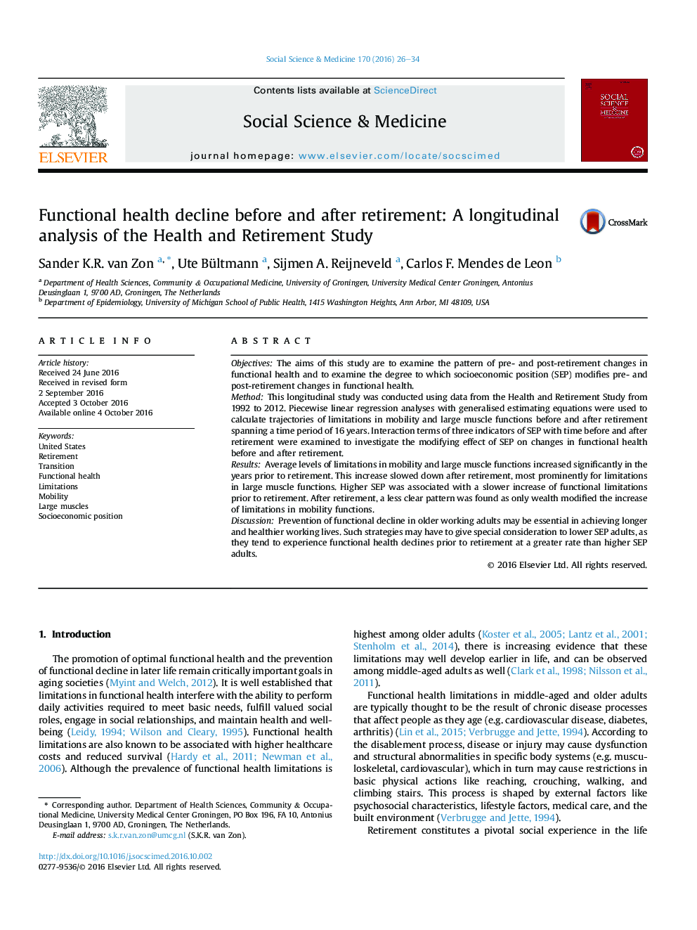 Functional health decline before and after retirement: A longitudinal analysis of the Health and Retirement Study