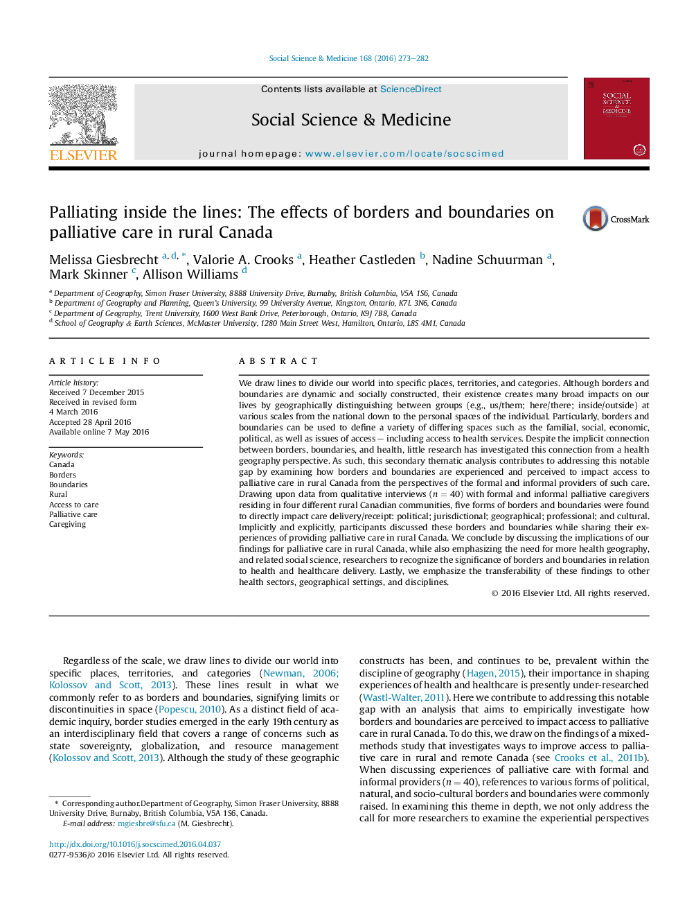 Palliating inside the lines: The effects of borders and boundaries on palliative care in rural Canada