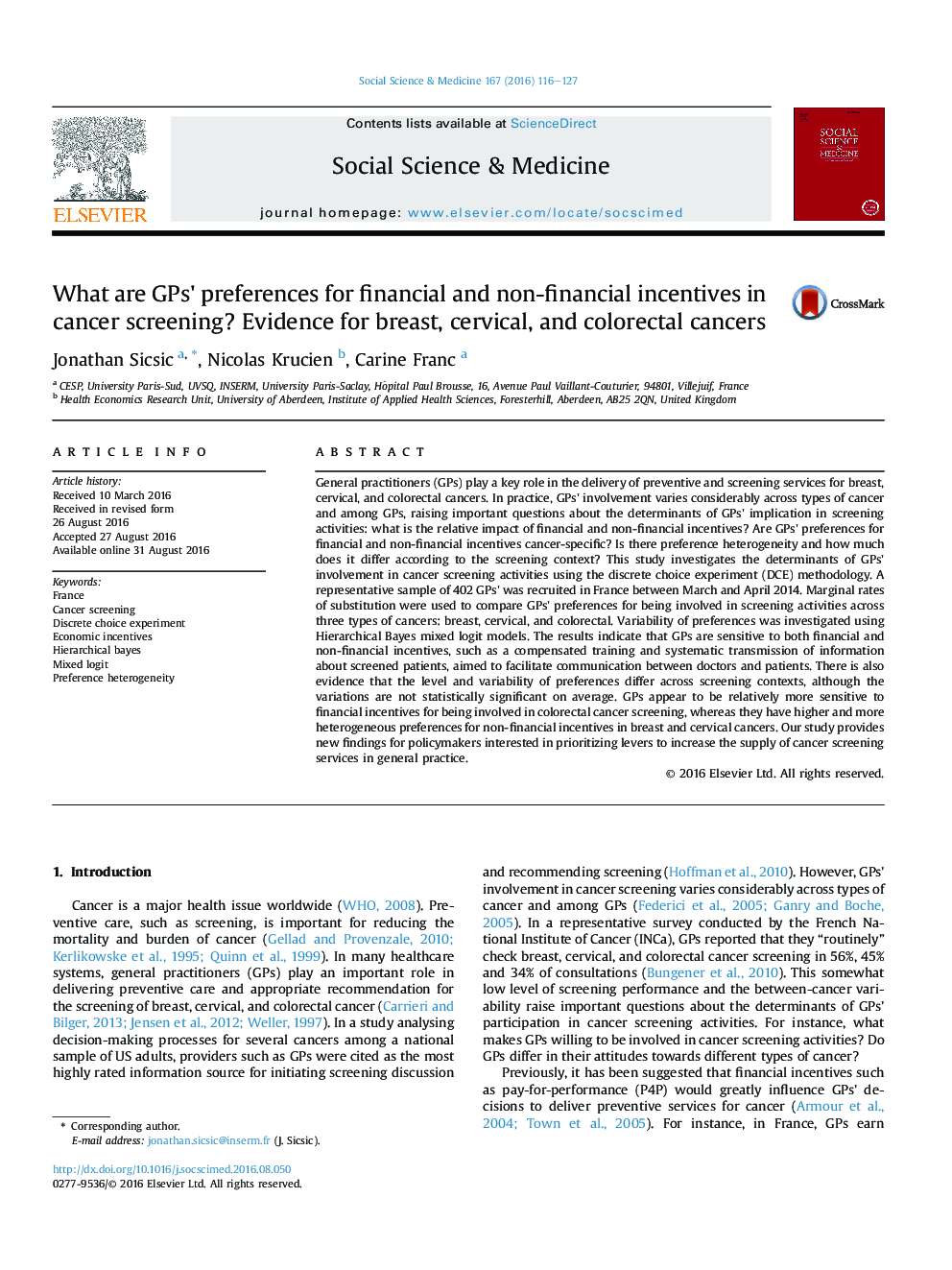 What are GPs' preferences for financial and non-financial incentives in cancer screening? Evidence for breast, cervical, and colorectal cancers