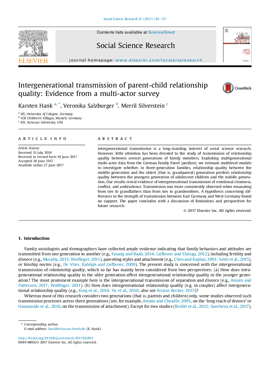 Intergenerational transmission of parent-child relationship quality: Evidence from a multi-actor survey
