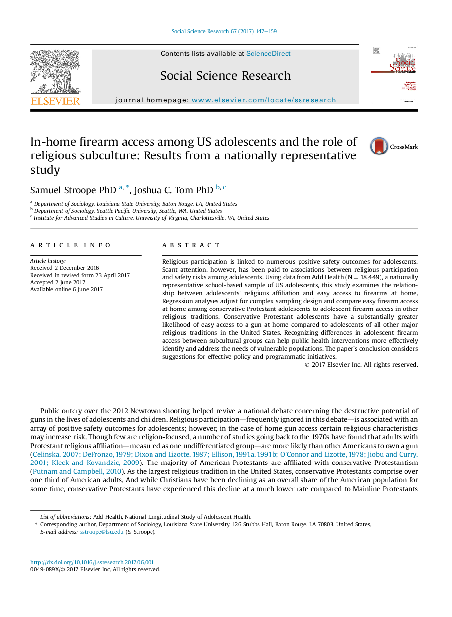 In-home firearm access among US adolescents and the role of religious subculture: Results from a nationally representative study