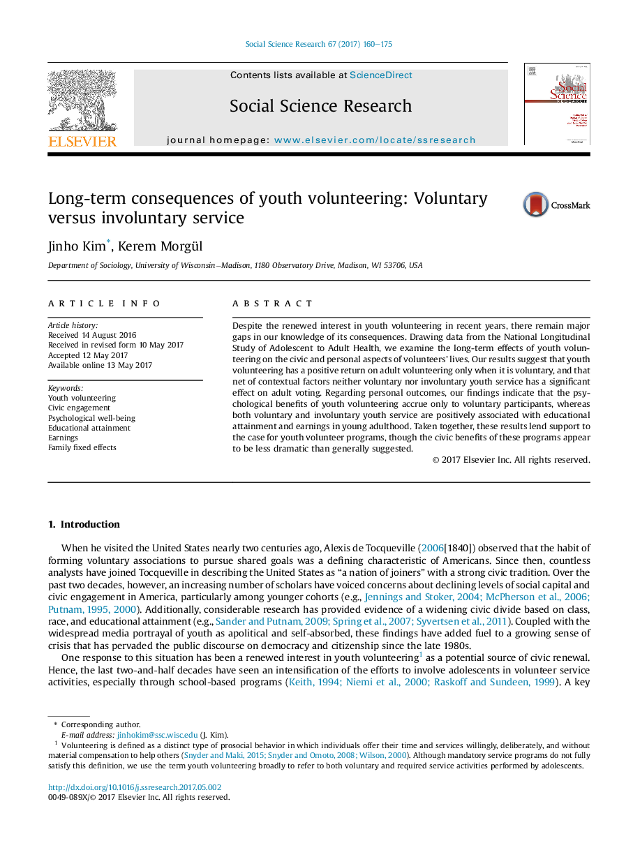 Long-term consequences of youth volunteering: Voluntary versus involuntary service