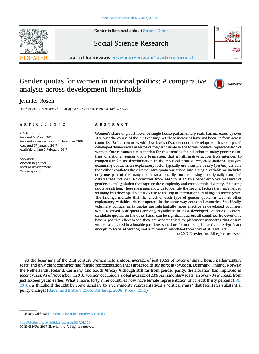 Gender quotas for women in national politics: A comparative analysis across development thresholds