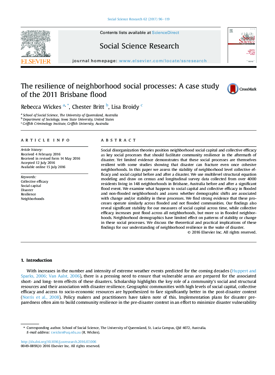 The resilience of neighborhood social processes: A case study of the 2011 Brisbane flood