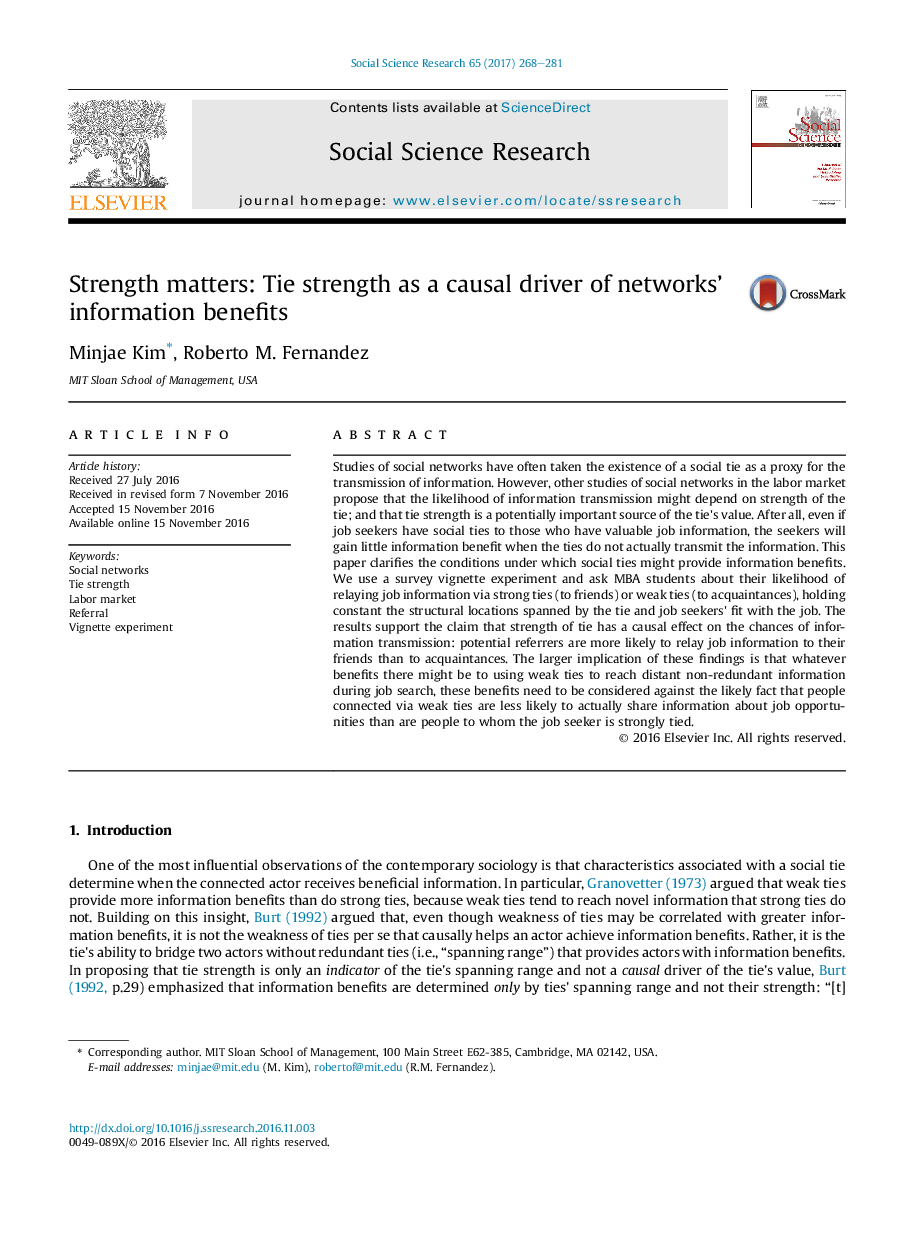 عکس صفحه اول مقاله: Strength matters: Tie strength as a causal driver of networks' information benefits Strength matters: Tie strength as a causal driver of networks' information benefits