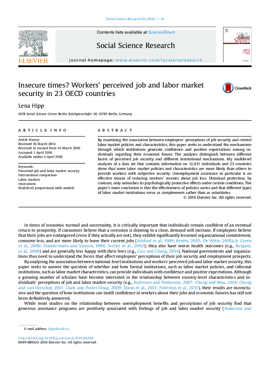 Insecure times? Workers' perceived job and labor market security in 23 OECD countries