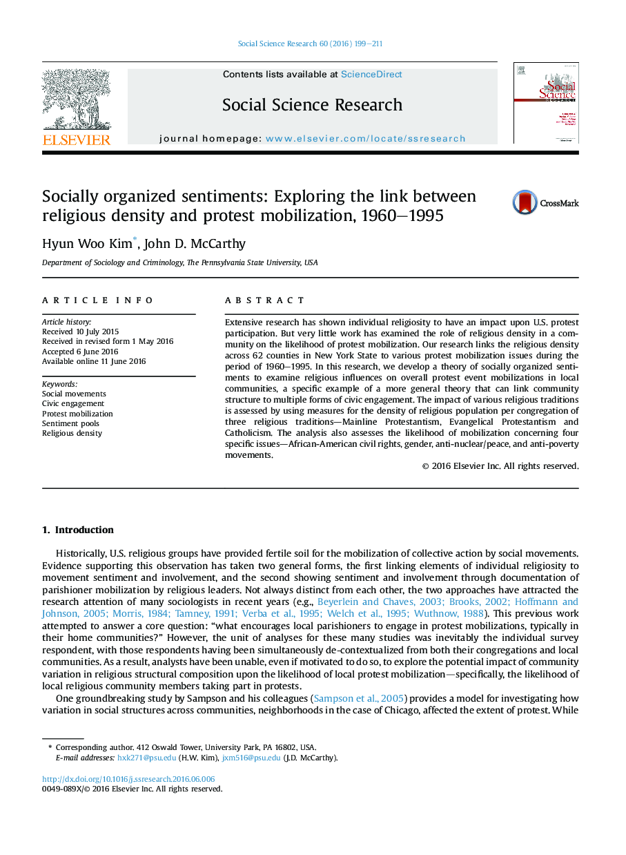 Socially organized sentiments: Exploring the link between religious density and protest mobilization, 1960-1995