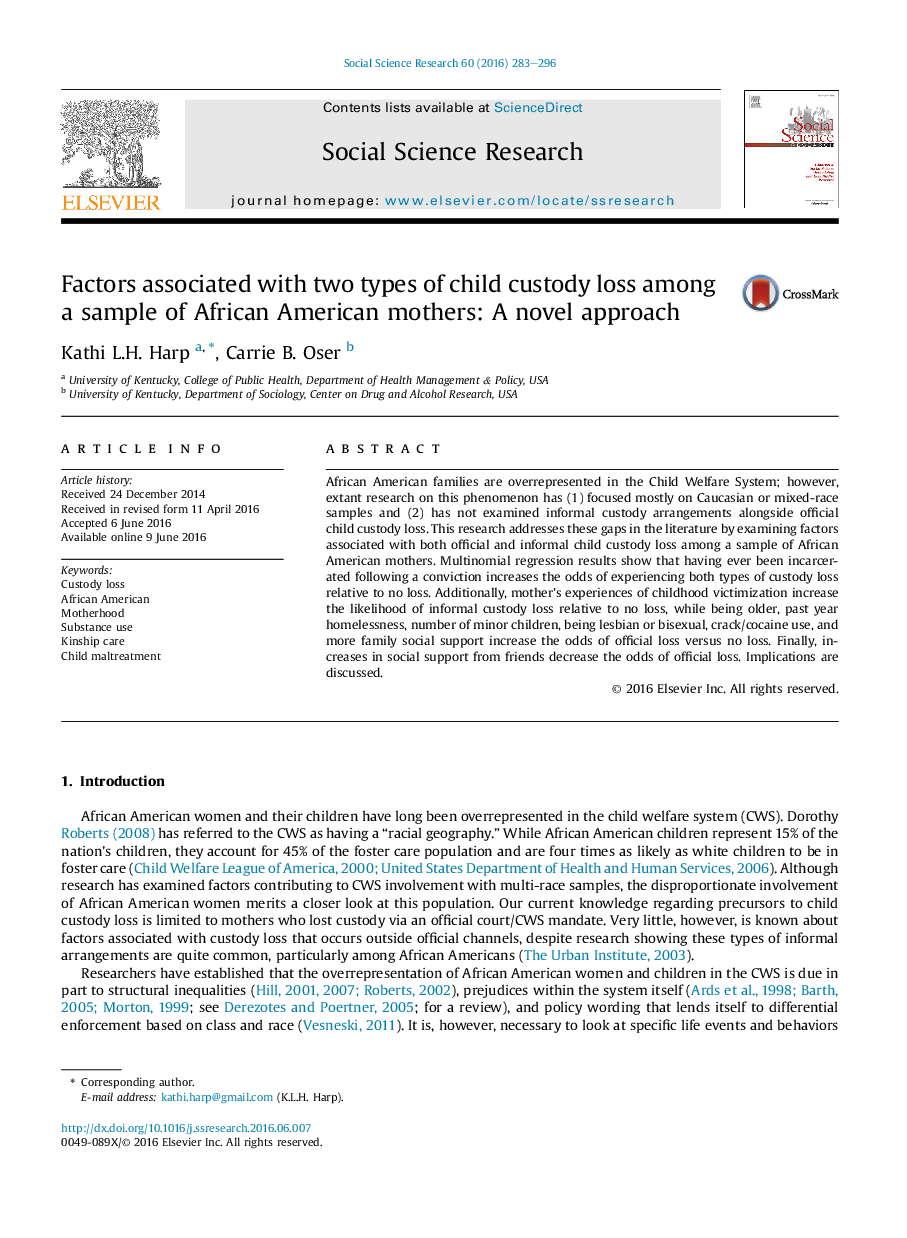 Factors associated with two types of child custody loss among a sample of African American mothers: A novel approach