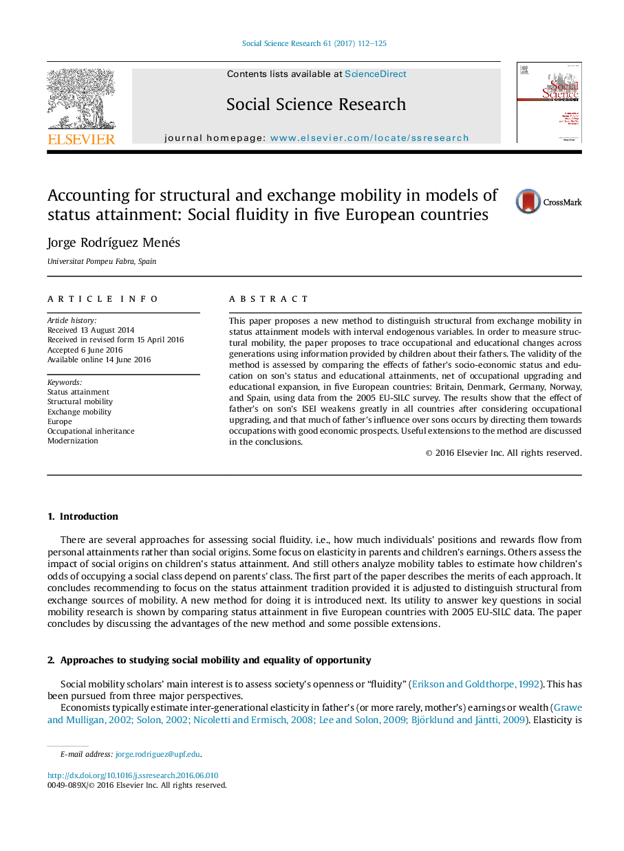 Accounting for structural and exchange mobility in models of status attainment: Social fluidity in five European countries