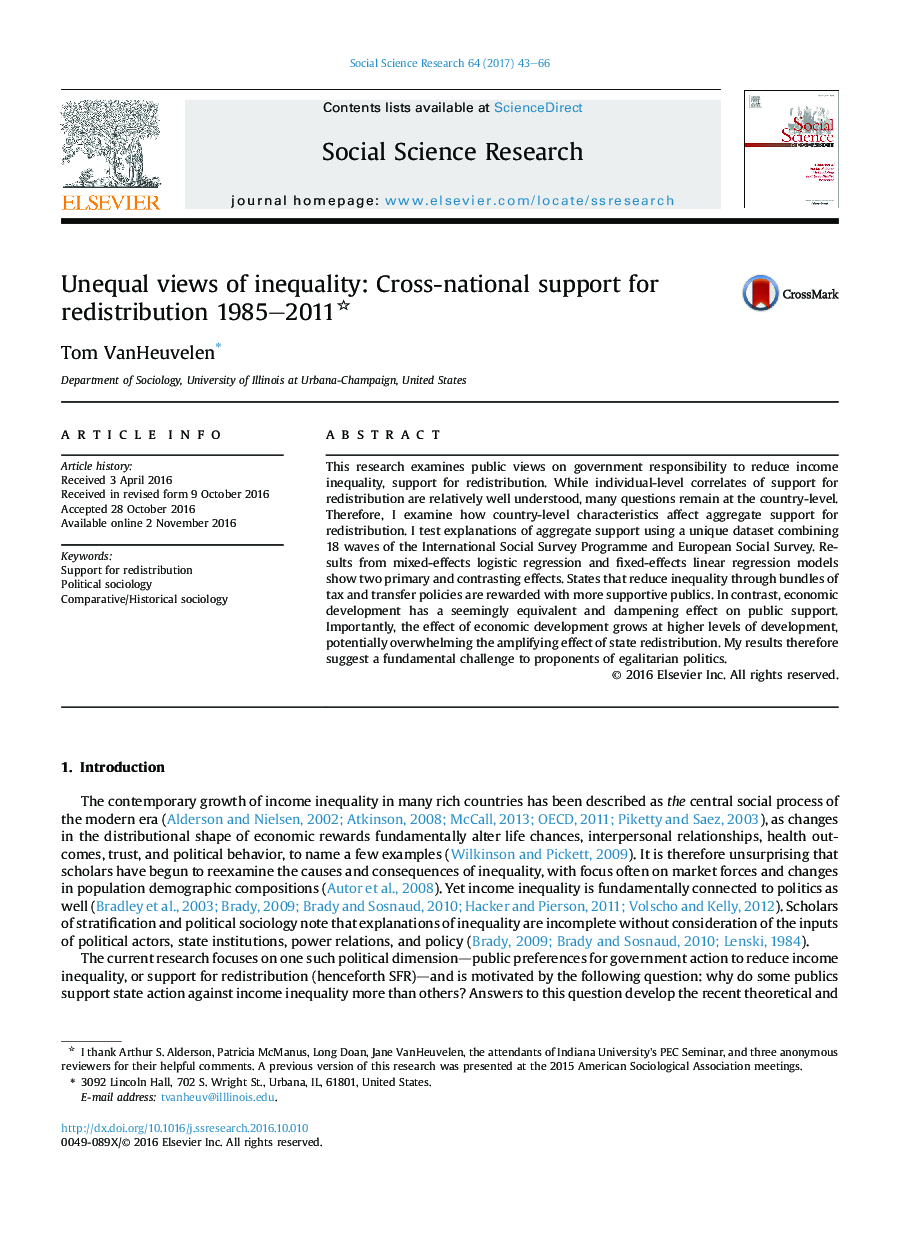 Unequal views of inequality: Cross-national support for redistribution 1985-2011