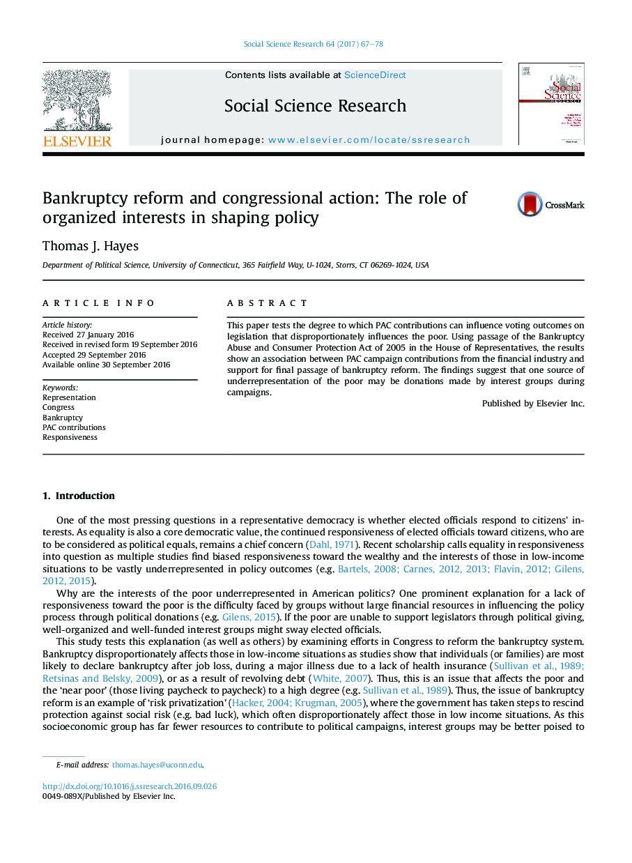 Bankruptcy reform and congressional action: The role of organized interests in shaping policy