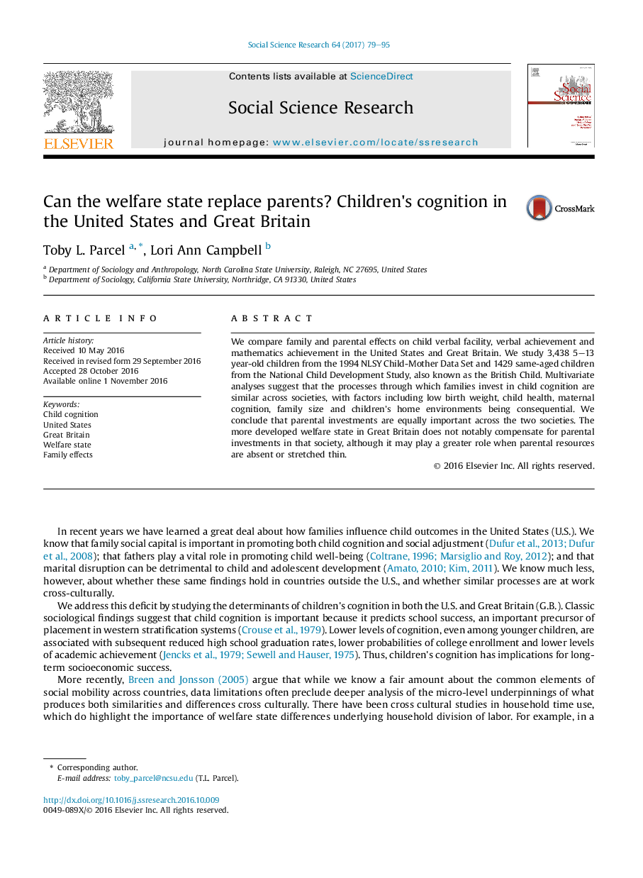 Can the welfare state replace parents? Children's cognition in the United States and Great Britain
