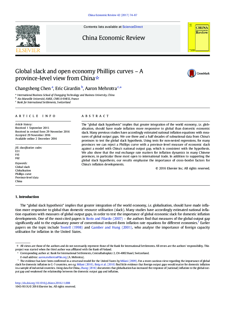 Global slack and open economy Phillips curves - A province-level view from China