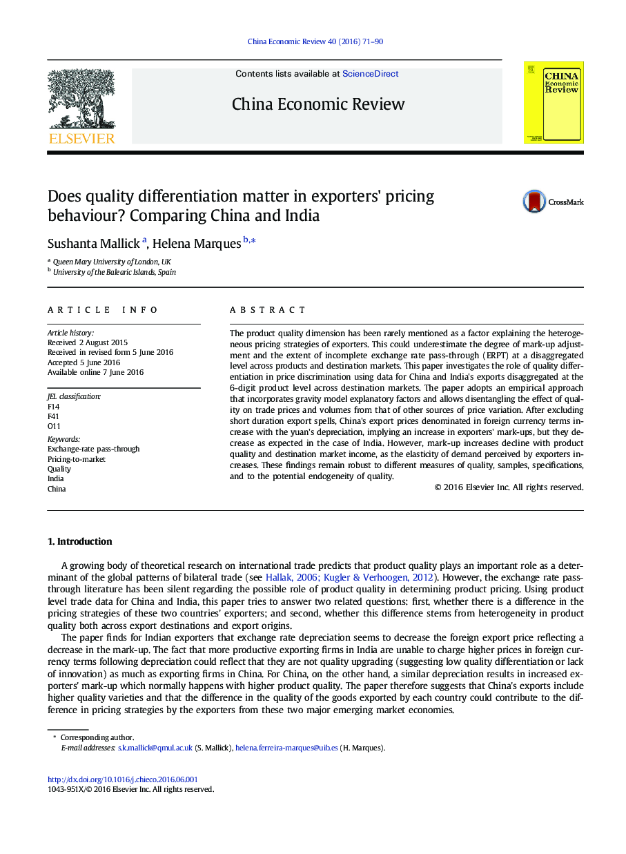 Does quality differentiation matter in exporters' pricing behaviour? Comparing China and India