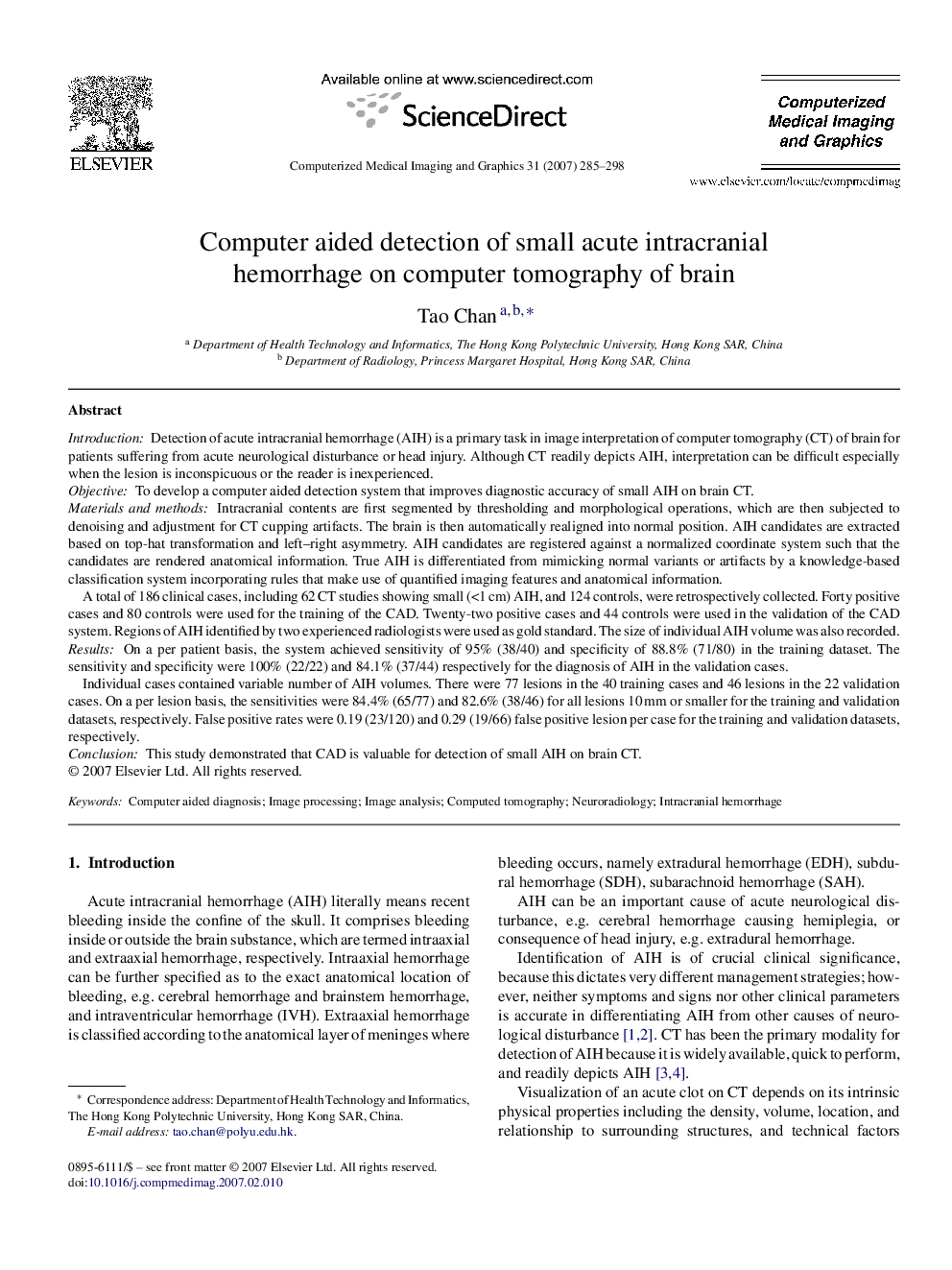 Computer aided detection of small acute intracranial hemorrhage on computer tomography of brain