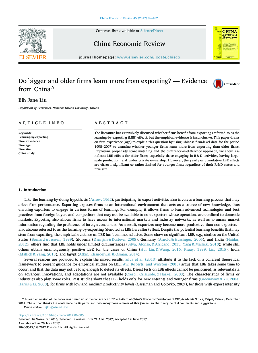 Do bigger and older firms learn more from exporting? - Evidence from China