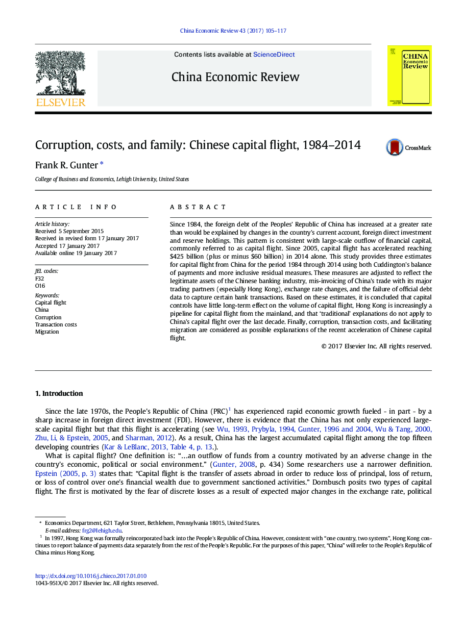 Corruption, costs, and family: Chinese capital flight, 1984-2014