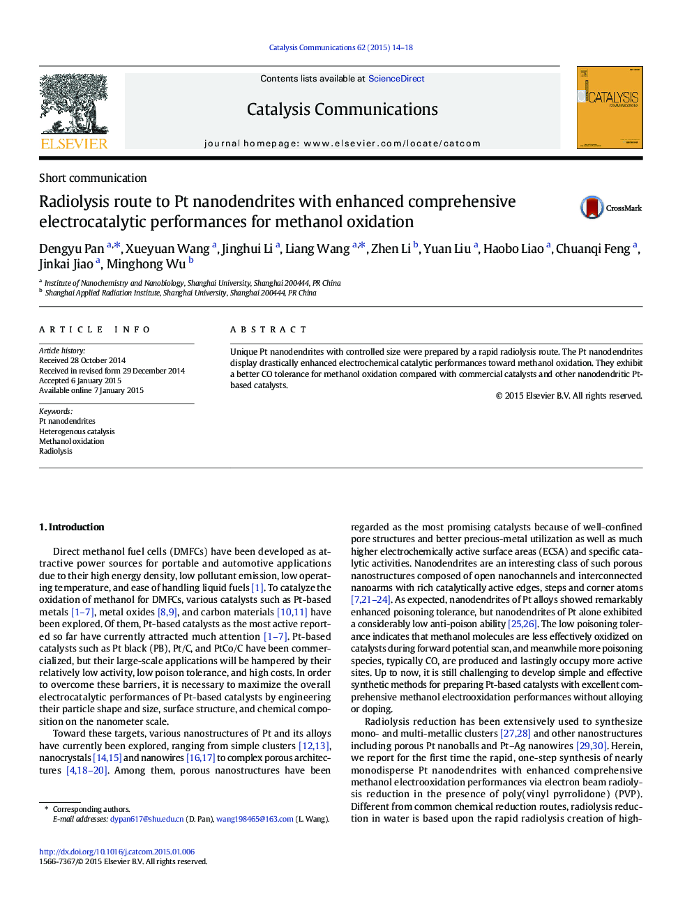 Radiolysis route to Pt nanodendrites with enhanced comprehensive electrocatalytic performances for methanol oxidation