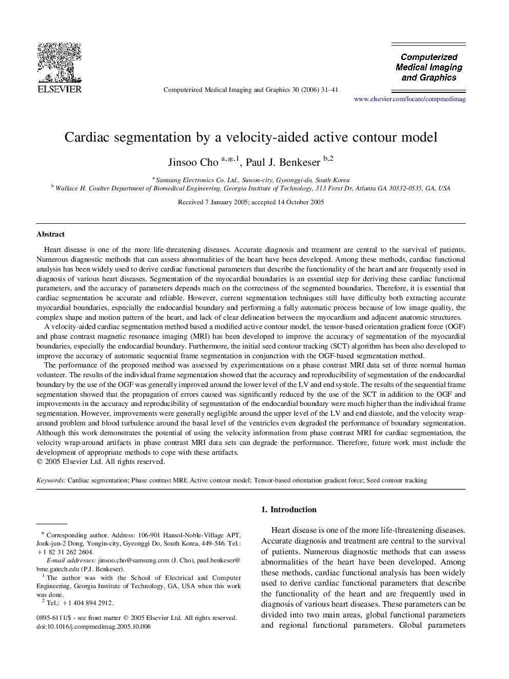 Cardiac segmentation by a velocity-aided active contour model