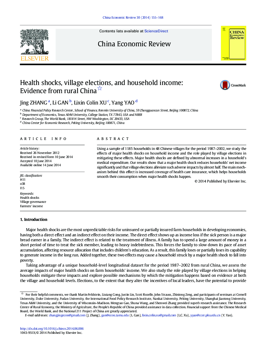 Health shocks, village elections, and household income: Evidence from rural China