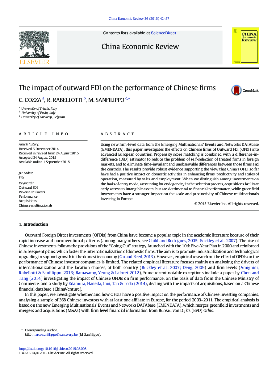 The impact of outward FDI on the performance of Chinese firms