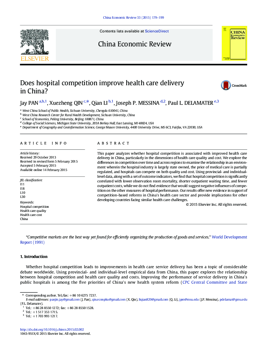 Does hospital competition improve health care delivery in China?