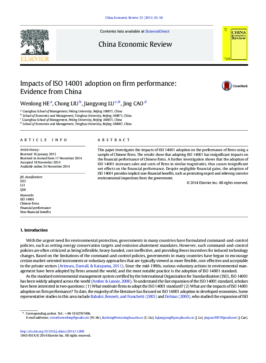 Impacts of ISO 14001 adoption on firm performance: Evidence from China