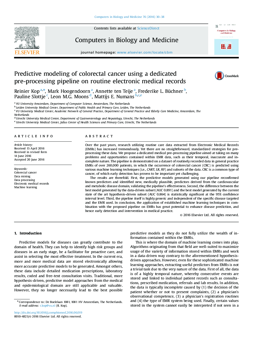 Predictive modeling of colorectal cancer using a dedicated pre-processing pipeline on routine electronic medical records