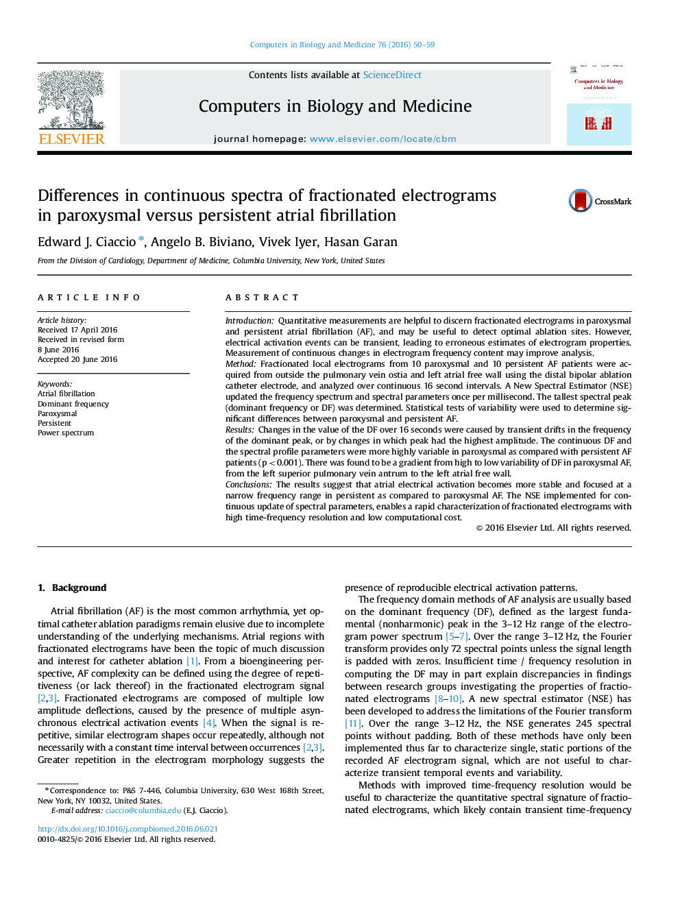 Differences in continuous spectra of fractionated electrograms in paroxysmal versus persistent atrial fibrillation