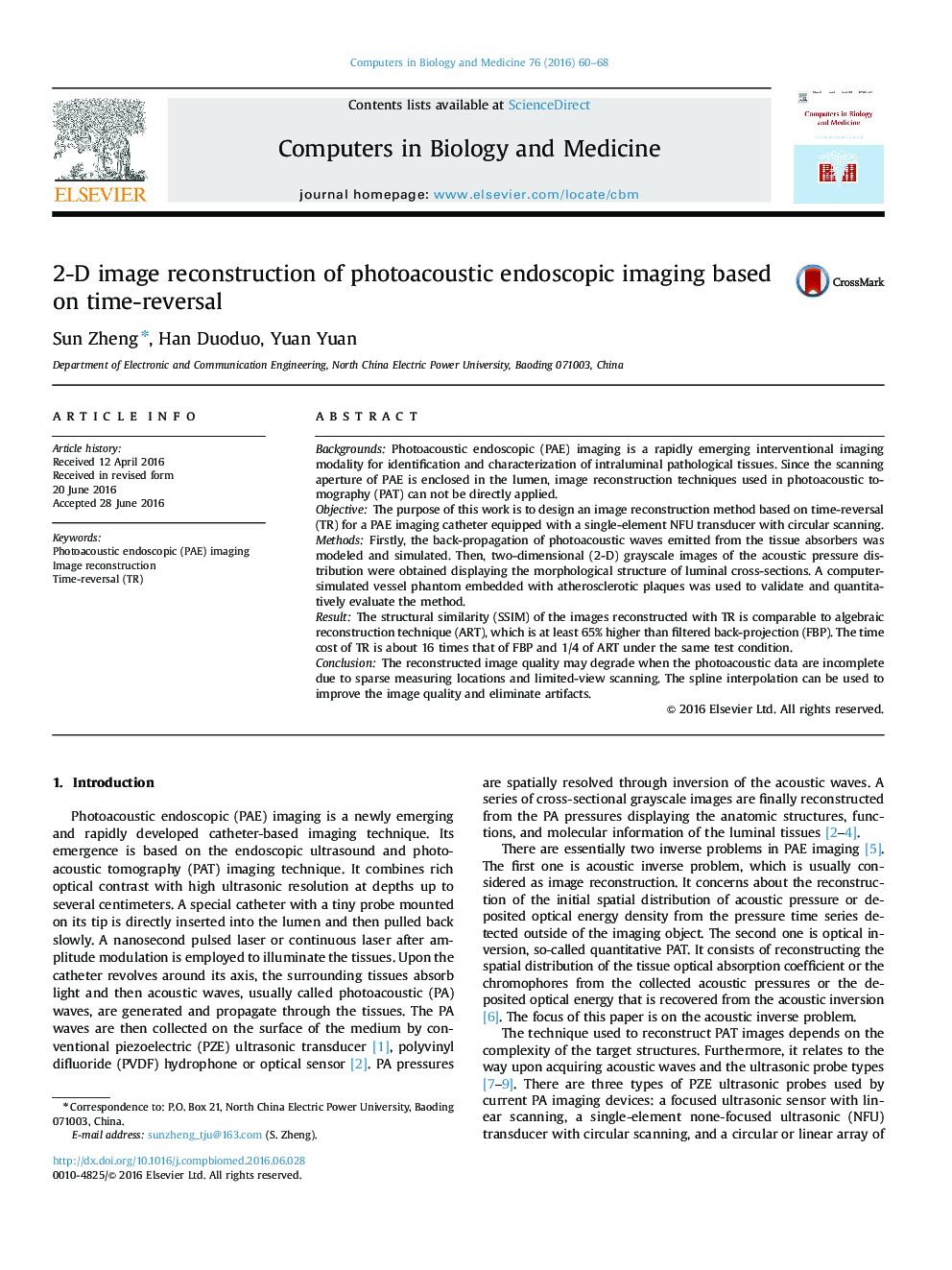 2-D image reconstruction of photoacoustic endoscopic imaging based on time-reversal