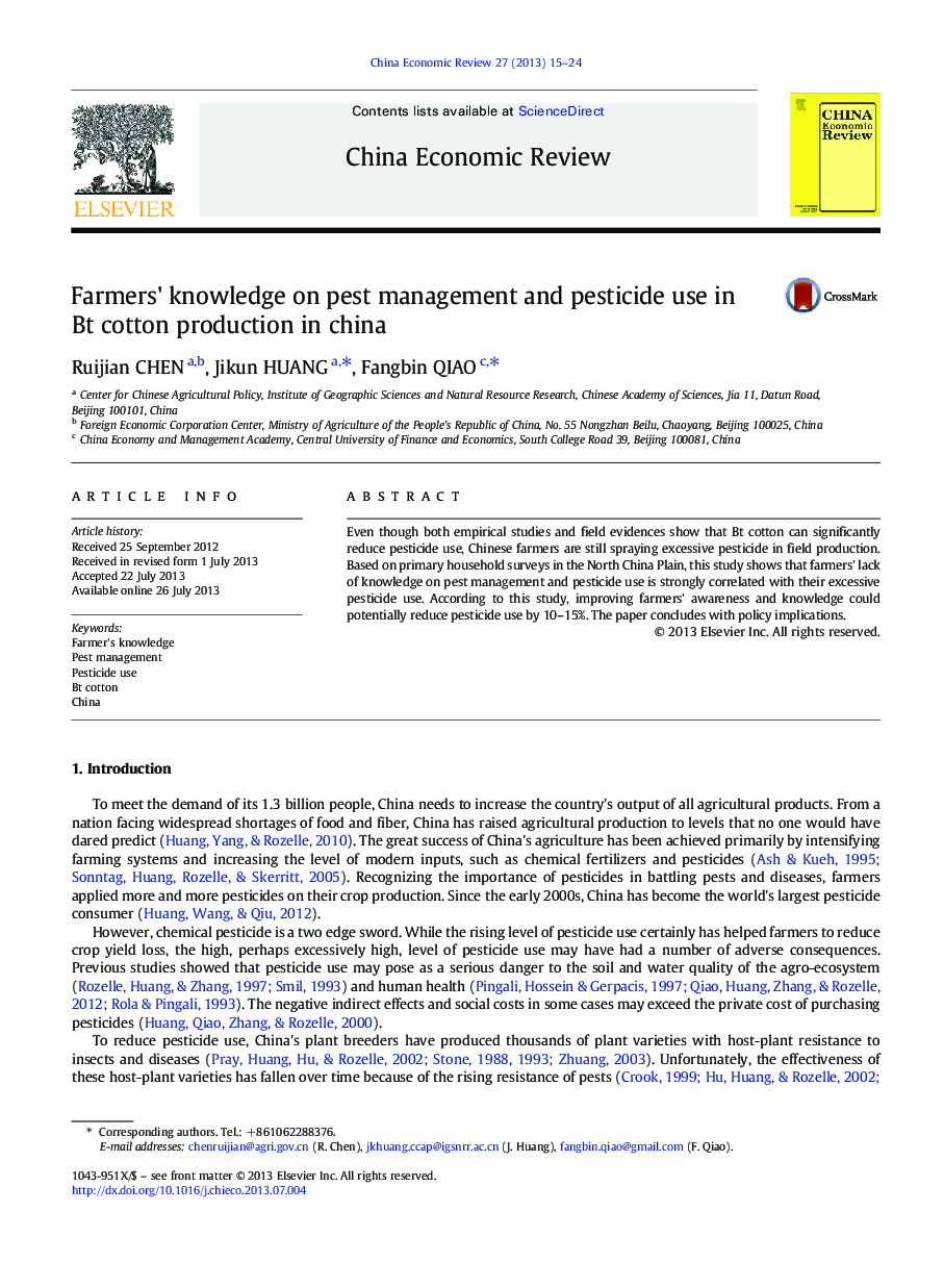 Farmers' knowledge on pest management and pesticide use in Bt cotton production in china