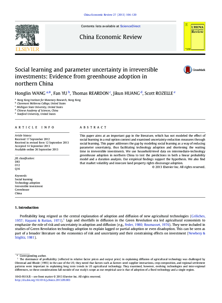 Social learning and parameter uncertainty in irreversible investments: Evidence from greenhouse adoption in northern China