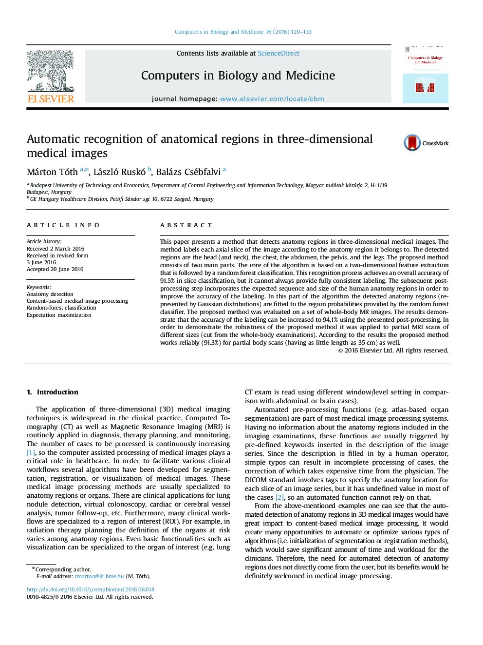 Automatic recognition of anatomical regions in three-dimensional medical images