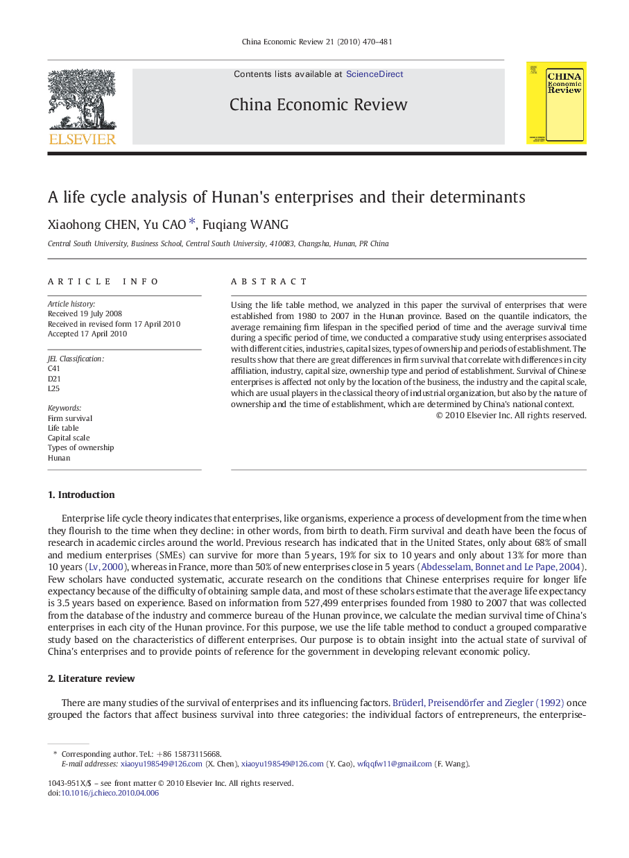 A life cycle analysis of Hunan's enterprises and their determinants