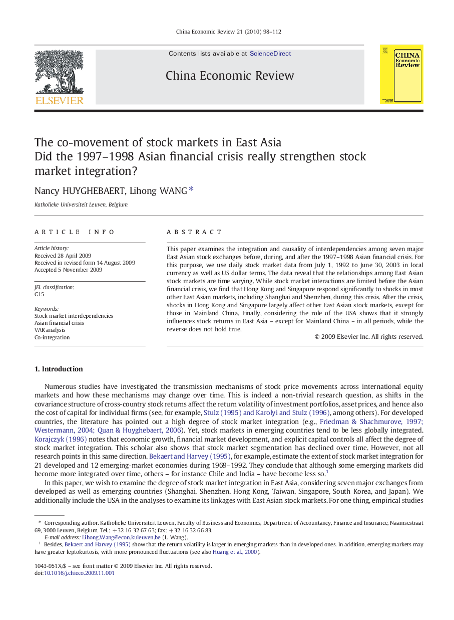 The co-movement of stock markets in East Asia: Did the 1997-1998 Asian financial crisis really strengthen stock market integration?