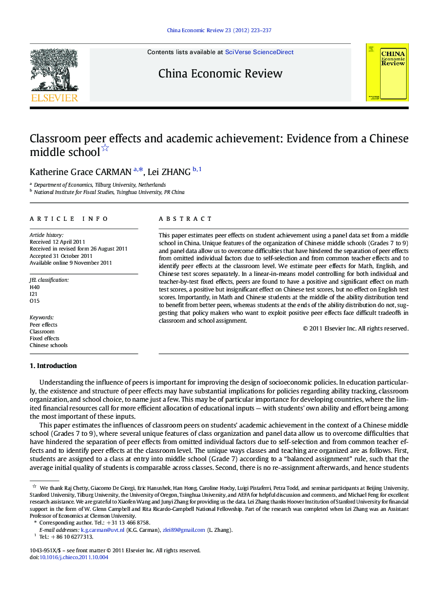 Classroom peer effects and academic achievement: Evidence from a Chinese middle school
