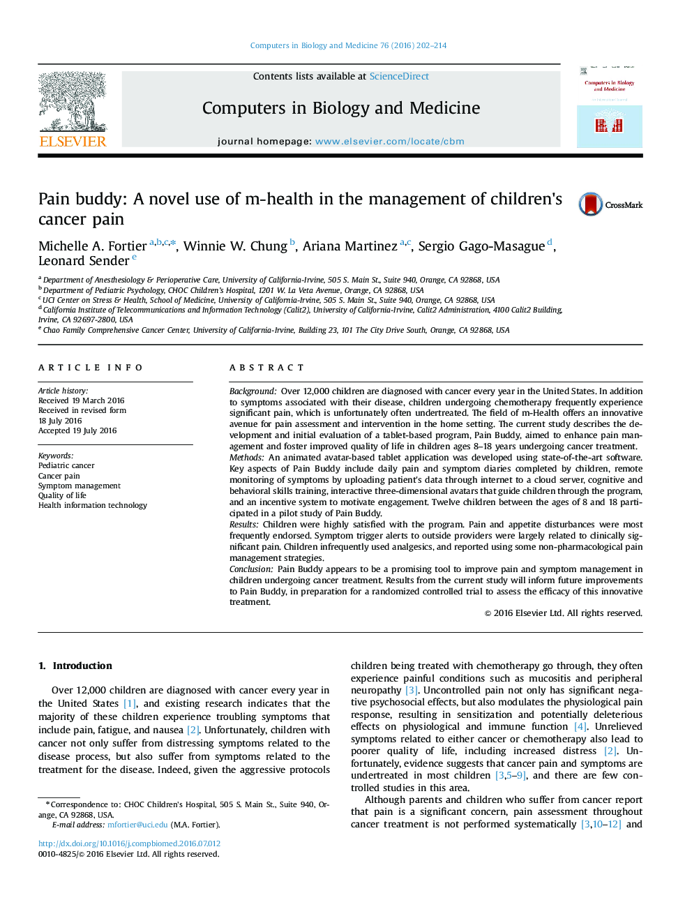 Pain buddy: A novel use of m-health in the management of children's cancer pain